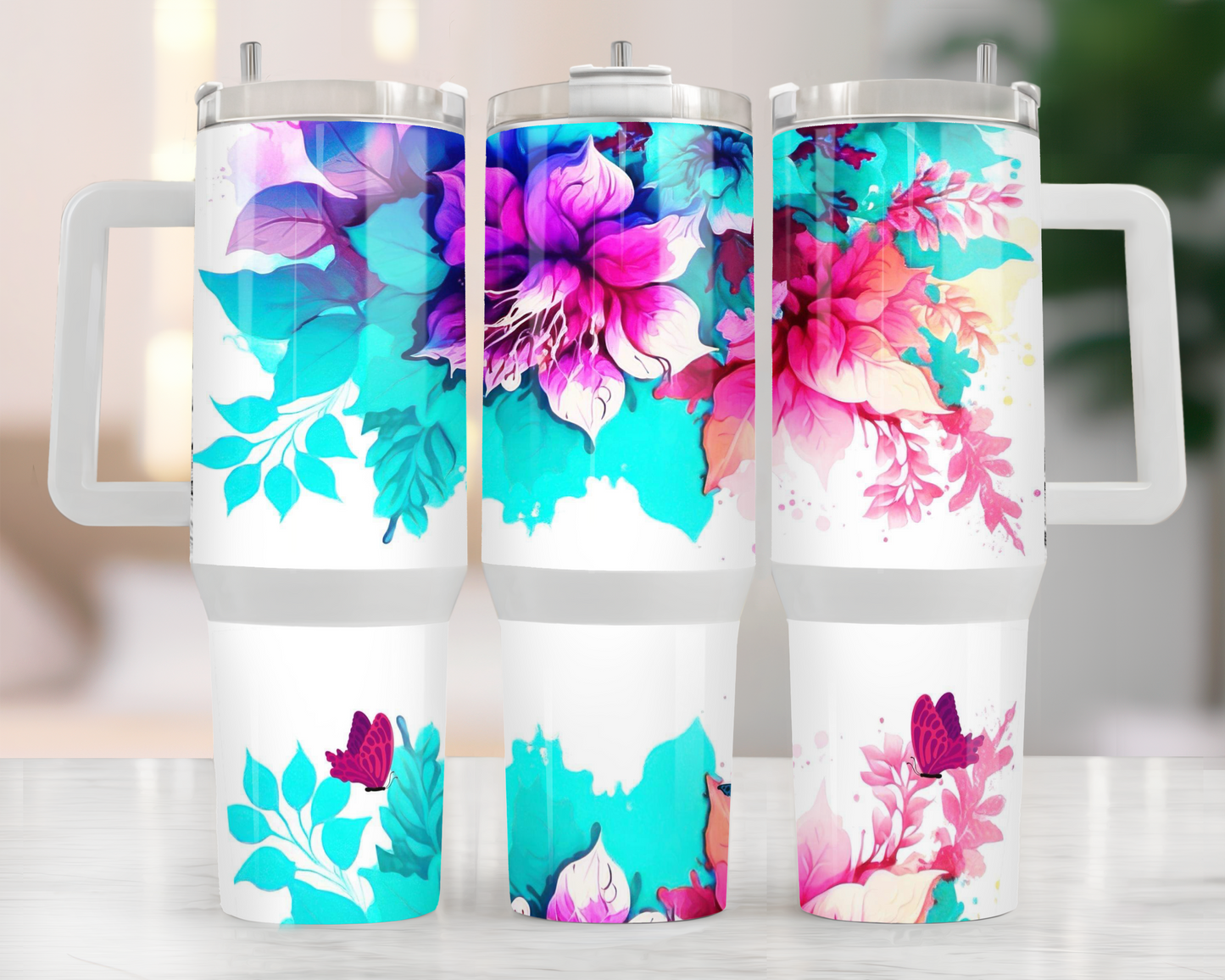 40oz TEAL AND PINK FLOWERS TUMBLER