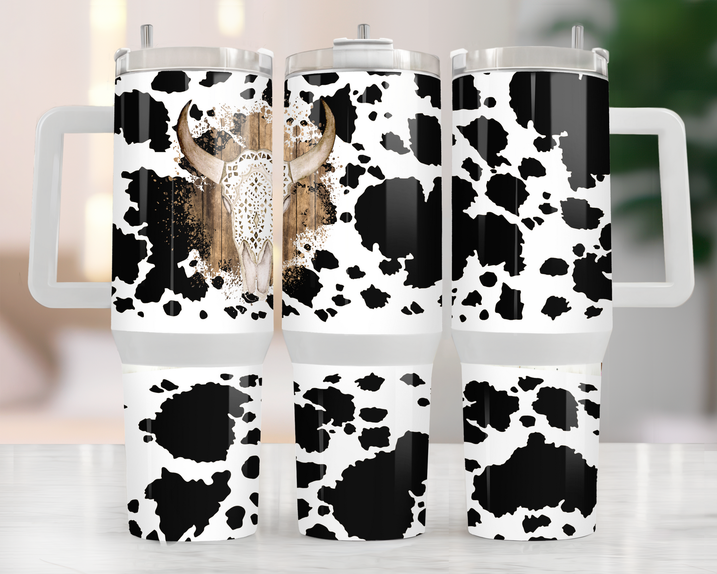 40oz BLACK WHITE COW PRINT WITH BULL SKULL TUMBLER