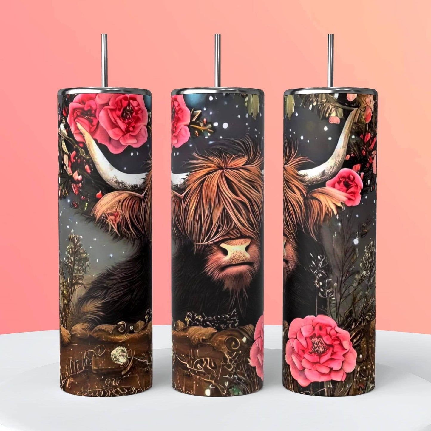 FLOWERED HIGHLAND COW TUMBLER