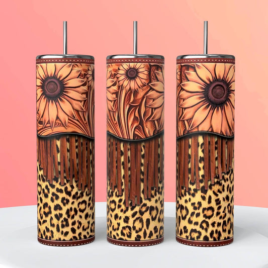 TOOLED LEATHER AND CHEETAH PRINT TUMBLER
