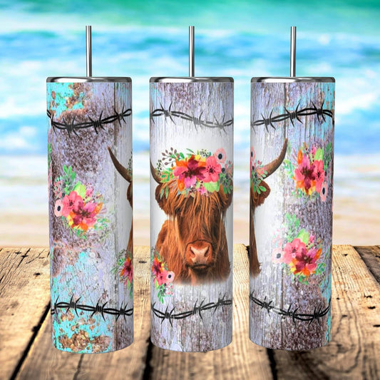 BARBED WIRE HIGHLAND COW TUMBLER