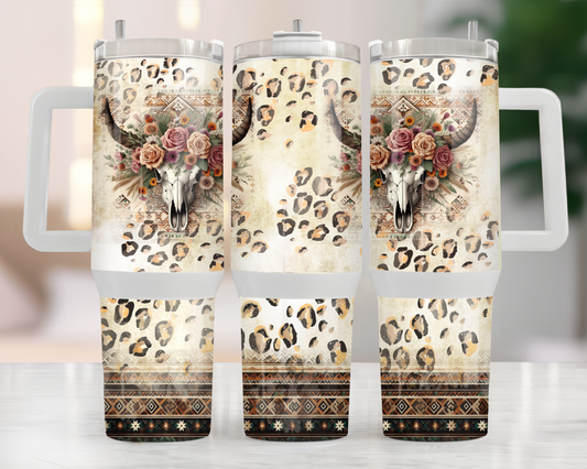 40oz CHEETAH PRINT BOHO BULL SKULL TUMBLER