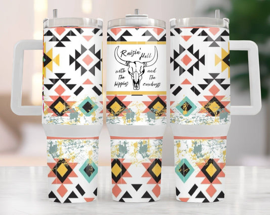 40oz RASING HELL WITH HIPPIES AND COWBOYS TUMBLER
