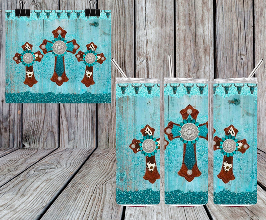 THREE CROSSES TEAL TUMBLER