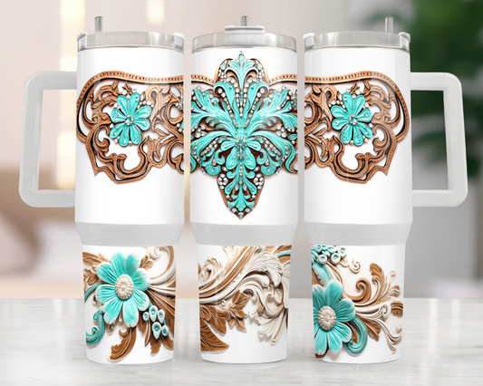 40oz TEAL TOOLED LEATHER DESIGN TUMBLER