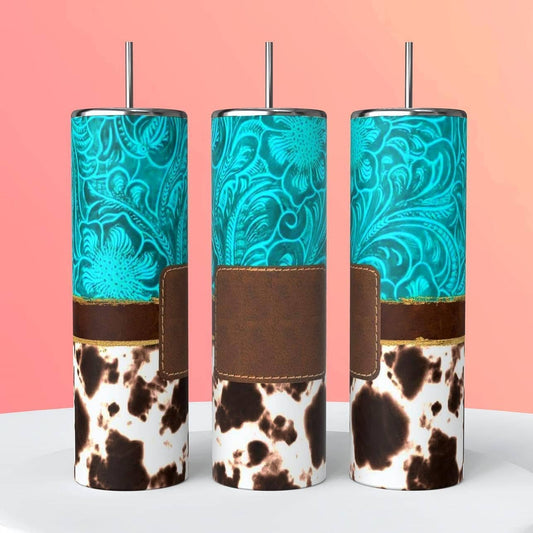 TEAL TOOLED LEATHER AND COW PRINT TUMBLER
