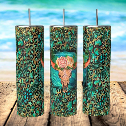 TURQUOISE  LEOPARD PRINT BULL SKULL TUMBLER